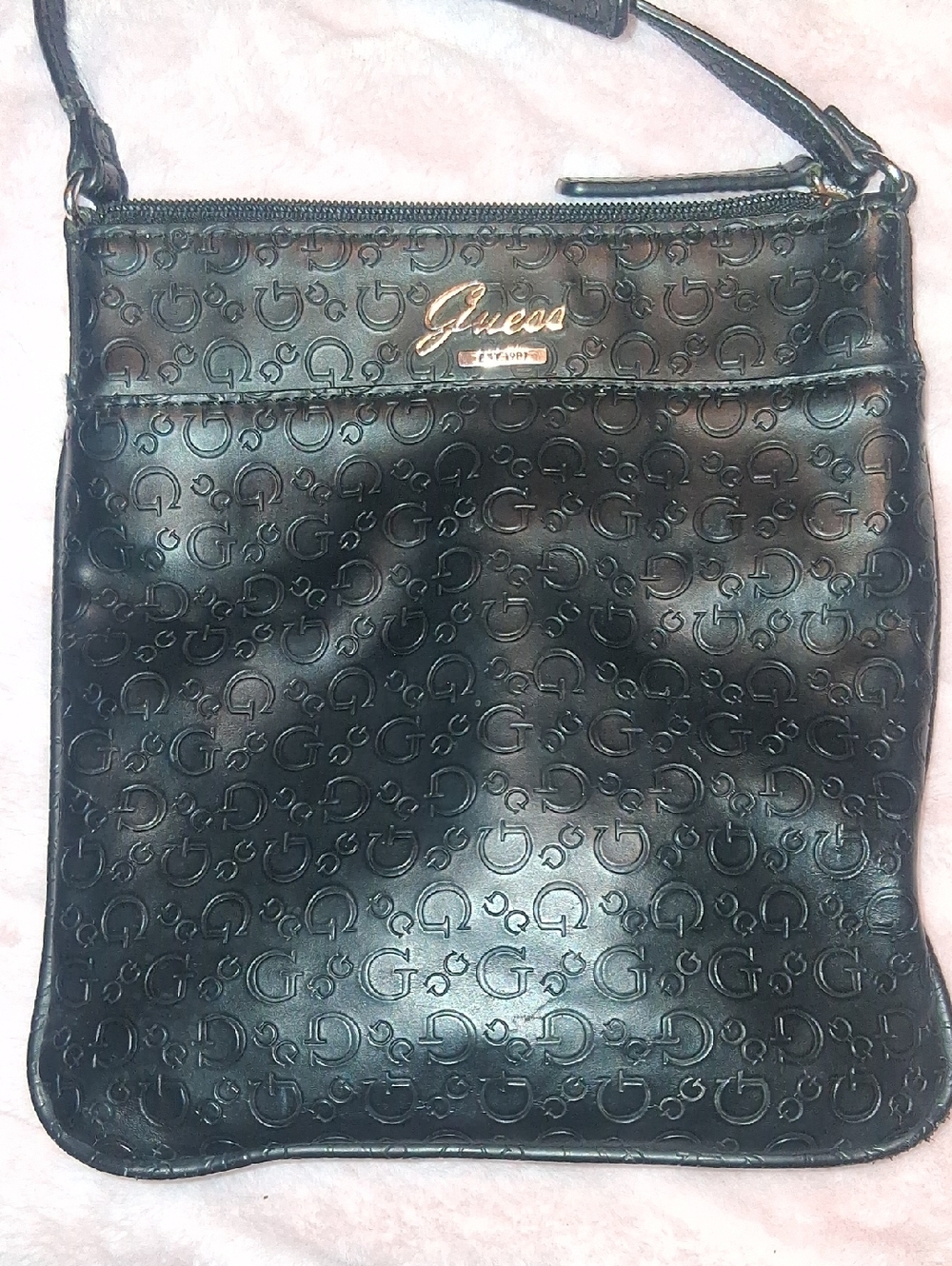 Guess Black Embossed Crossbody Bag with Gold Logo